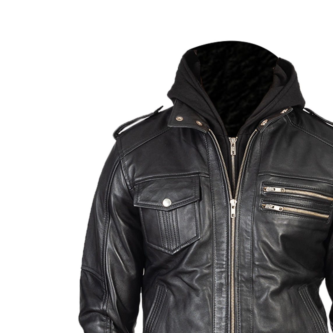 Bravado Black Hooded Leather Bomber Jacket